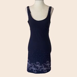 Vintage 90's Navy Fitted Mini Dress with Paisley Glitter Print Size Small